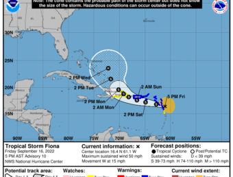 Ubican trayectoria de tormenta tropical Fiona acercándose más al sur de Puerto Rico